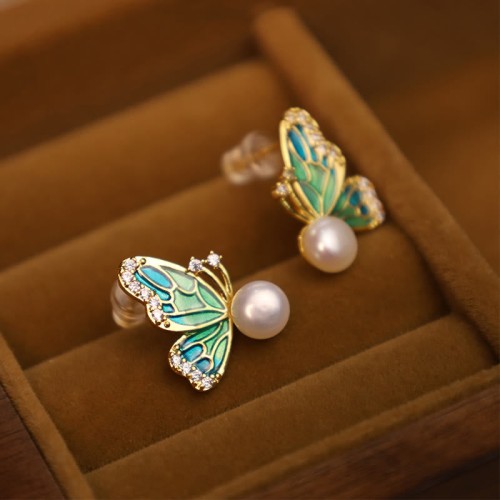 925 Sterling Silver 18K Gold Plated Copper Pearl Butterfly Healing Stud Earrings 925 Sterling Silver 18K Gold Plated Copper Pearl Butterfly Healing Stud Earrings