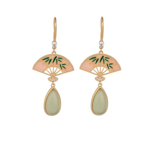 Green Aventurine Fan Pattern Luck Drop Earrings Green Aventurine Fan Pattern Luck Drop Earrings