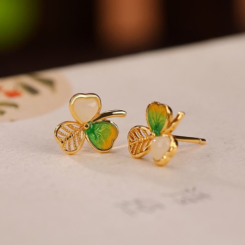 925 Sterling Silver Plated Gold Hetian Jade Shamrock Necklace Earrings 925 Sterling Silver Plated Gold Hetian Jade Shamrock Necklace Earrings