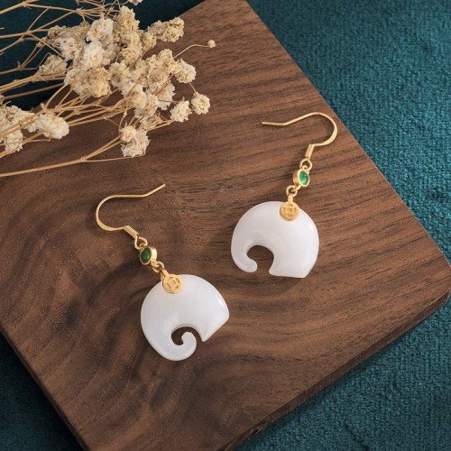 Feng Shui Elephant White Jade Fortune Earrings Feng Shui Elephant White Jade Fortune Earrings