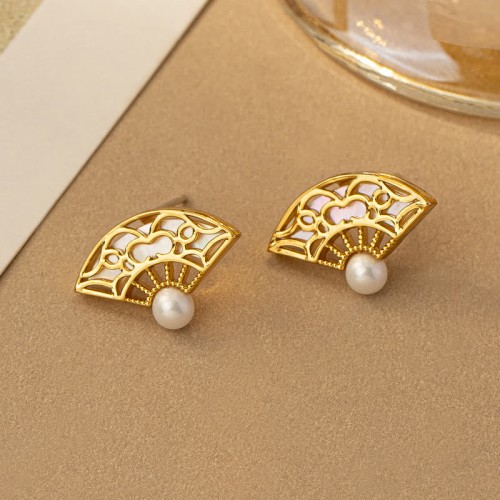 925 Sterling Silver Fan Pattern Pearl Copper Wisdom Stud Earrings 925 Sterling Silver Fan Pattern Pearl Copper Wisdom Stud Earrings