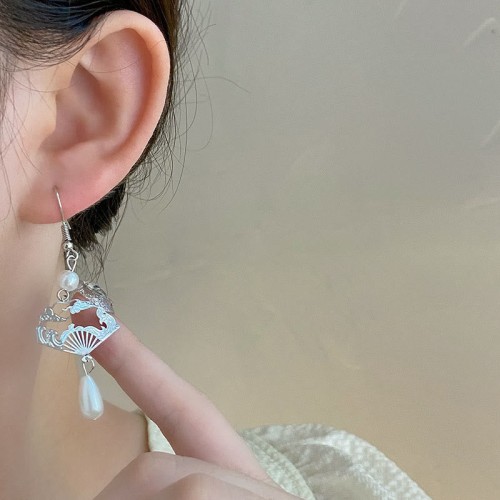 Copper Fan Auspicious Clouds Pearl Healing Earrings Copper Fan Auspicious Clouds Pearl Healing Earrings
