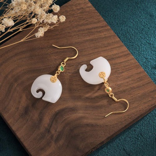 Feng Shui Elephant White Jade Fortune Earrings Feng Shui Elephant White Jade Fortune Earrings