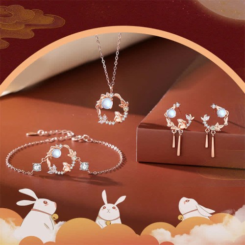 925 Sterling Silver Rabbit Moonstone Moon Flower Jewelry Set 925 Sterling Silver Rabbit Moonstone Moon Flower Jewelry Set