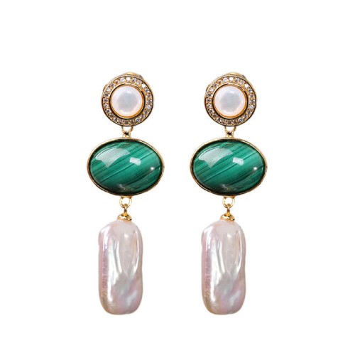925 Sterling Silver Baroque Pearl Malachite Healing Drop Earrings 925 Sterling Silver Baroque Pearl Malachite Healing Drop Earrings