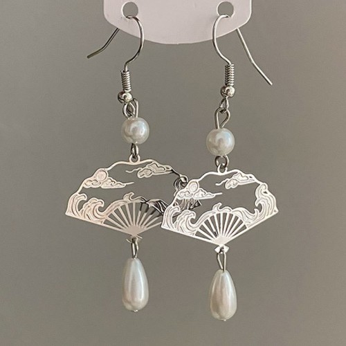 Copper Fan Auspicious Clouds Pearl Healing Earrings Copper Fan Auspicious Clouds Pearl Healing Earrings