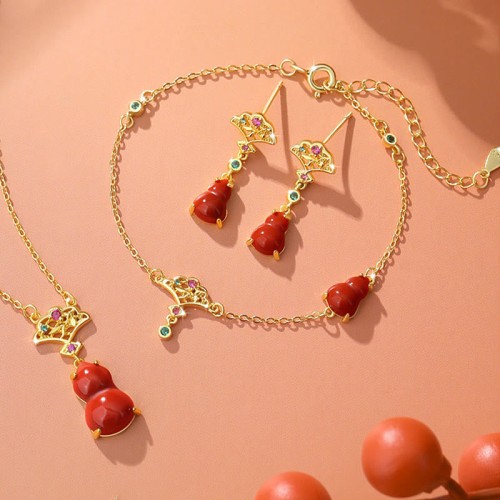 925 Sterling Silver Red Agate Gourd Confidence Jewelry Set 925 Sterling Silver Red Agate Gourd Confidence Jewelry Set