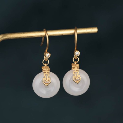 White Jade Double Happiness Fortune Earrings White Jade Double Happiness Fortune Earrings
