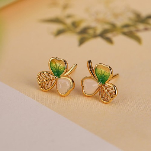 925 Sterling Silver Plated Gold Hetian Jade Shamrock Necklace Earrings 925 Sterling Silver Plated Gold Hetian Jade Shamrock Necklace Earrings