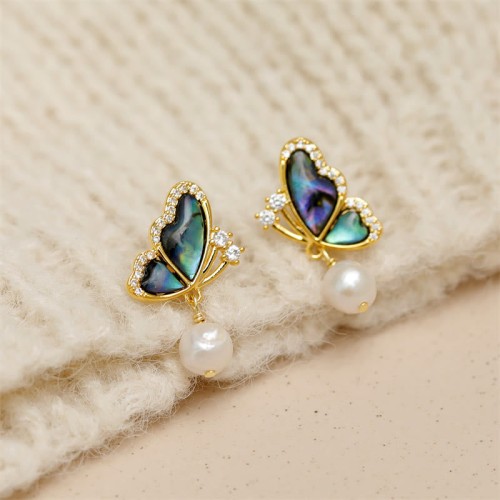 18K Gold-Plated Copper Pearl Butterfly Love Stud Earrings