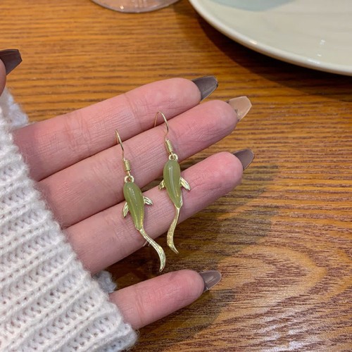 Fish Pattern Jade Luck Drop Earrings Fish Pattern Jade Luck Drop Earrings