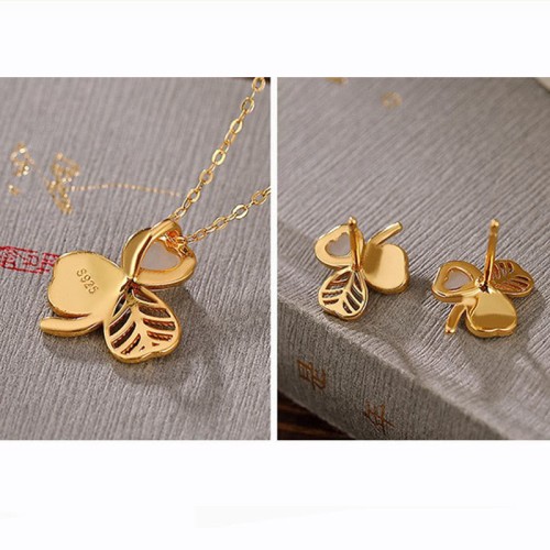 925 Sterling Silver Plated Gold Hetian Jade Shamrock Necklace Earrings 925 Sterling Silver Plated Gold Hetian Jade Shamrock Necklace Earrings
