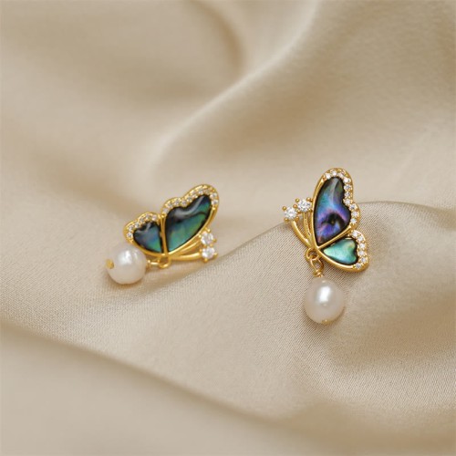 18K Gold-Plated Copper Pearl Butterfly Love Stud Earrings