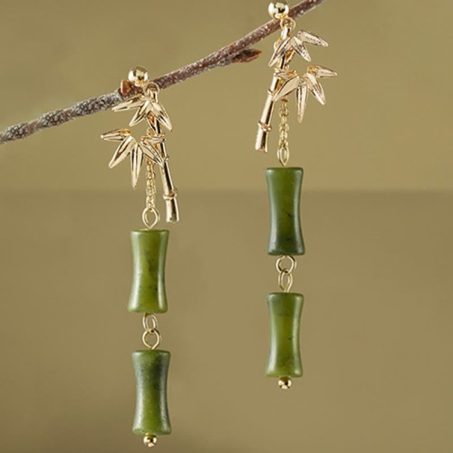 925 Sterling Silver Gold-Plated Peridot Bamboo Leaf Drop Earrings 925 Sterling Silver Gold-Plated Peridot Bamboo Leaf Drop Earrings