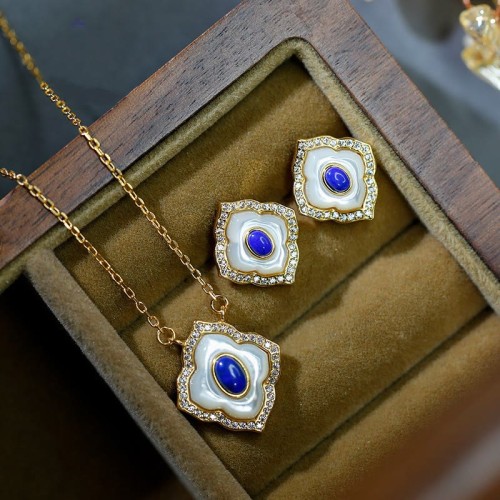 925 Sterling Silver Tridacna Stone Lazurite Blessing Jewelry Set 925 Sterling Silver Tridacna Stone Lazurite Blessing Jewelry Set