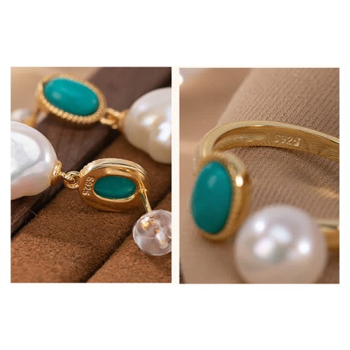 925 Sterling Silver Pearl Turquoise Healing Ring Earrings Set 925 Sterling Silver Pearl Turquoise Healing Ring Earrings Set