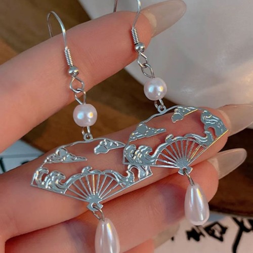 Copper Fan Auspicious Clouds Pearl Healing Earrings Copper Fan Auspicious Clouds Pearl Healing Earrings