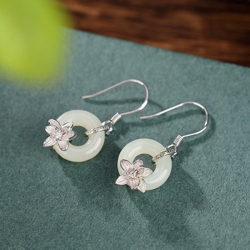 925 Sterling Silver Hetian Jade Peace Orchid Prosperity Earrings
