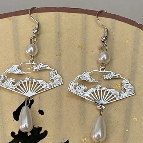 Copper Fan Auspicious Clouds Pearl Healing Earrings Copper Fan Auspicious Clouds Pearl Healing Earrings