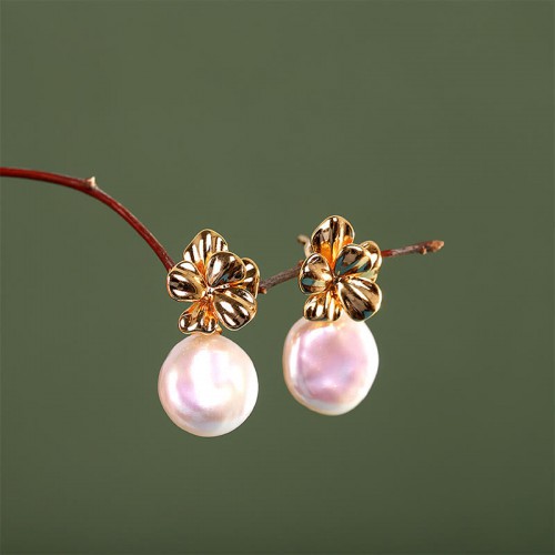 925 Sterling Silver Baroque Pearl Flower Healing Drop Earrings 925 Sterling Silver Baroque Pearl Flower Healing Drop Earrings