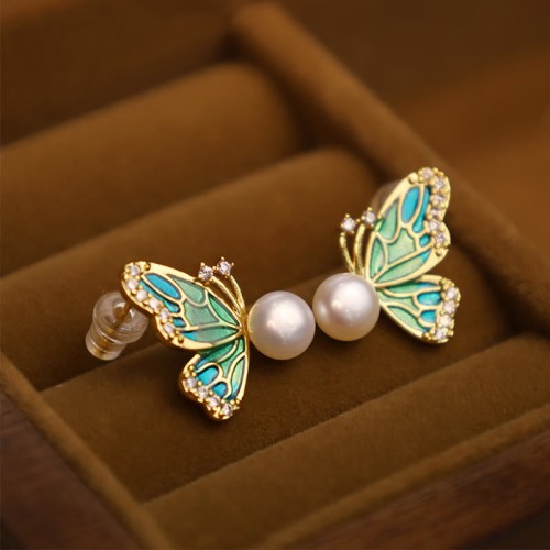 925 Sterling Silver 18K Gold Plated Copper Pearl Butterfly Healing Stud Earrings 925 Sterling Silver 18K Gold Plated Copper Pearl Butterfly Healing Stud Earrings