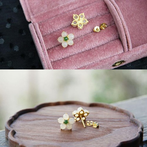 White Jade Flower Luck Blessing Stud Earrings White Jade Flower Luck Blessing Stud Earrings