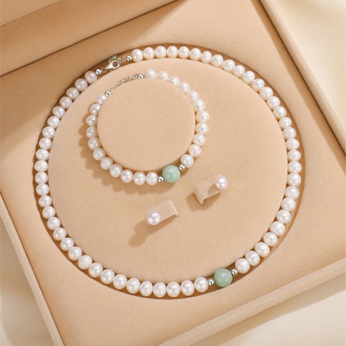925 Sterling Silver Natural Pearl Jade Healing Jewelry Set 925 Sterling Silver Natural Pearl Jade Healing Jewelry Set