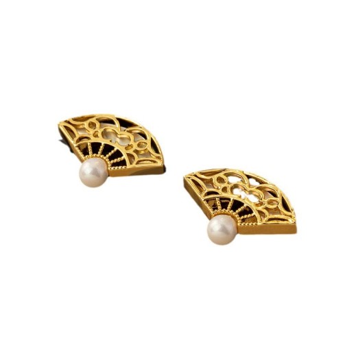 925 Sterling Silver Fan Pattern Pearl Copper Wisdom Stud Earrings 925 Sterling Silver Fan Pattern Pearl Copper Wisdom Stud Earrings