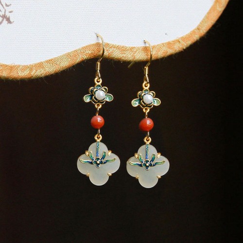Lucky Four-Leaf Clover Jade Copper Earrings Lucky Four-Leaf Clover Jade Copper Earrings