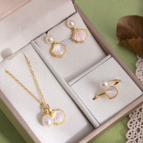 Ginkgo Tridacna Stone Pearl Copper Blessing Jewelry Set Ginkgo Tridacna Stone Pearl Copper Blessing Jewelry Set
