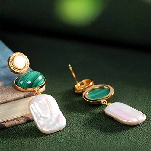 925 Sterling Silver Baroque Pearl Malachite Healing Drop Earrings 925 Sterling Silver Baroque Pearl Malachite Healing Drop Earrings