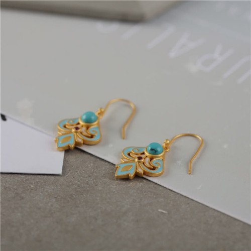 Copper Enamel Turquoise Positive Drop Earrings
