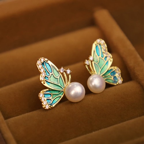 925 Sterling Silver 18K Gold Plated Copper Pearl Butterfly Healing Stud Earrings 925 Sterling Silver 18K Gold Plated Copper Pearl Butterfly Healing Stud Earrings
