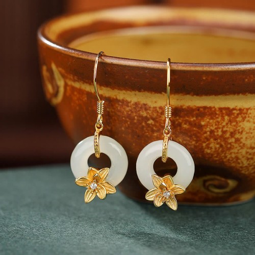 925 Sterling Silver Hetian Jade Peace Orchid Prosperity Earrings