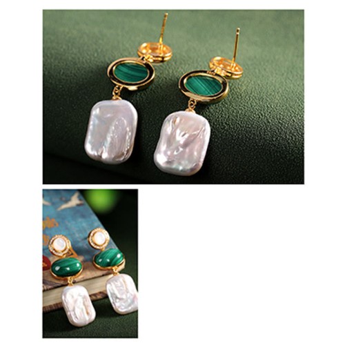 925 Sterling Silver Baroque Pearl Malachite Healing Drop Earrings 925 Sterling Silver Baroque Pearl Malachite Healing Drop Earrings