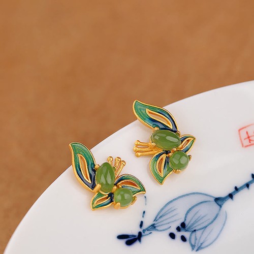 925 Sterling Silver Plated Gold Cyan Jade Butterfly Healing Earrings 925 Sterling Silver Plated Gold Cyan Jade Butterfly Healing Earrings