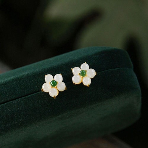 White Jade Flower Luck Blessing Stud Earrings White Jade Flower Luck Blessing Stud Earrings