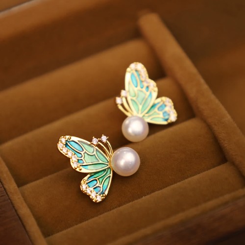 925 Sterling Silver 18K Gold Plated Copper Pearl Butterfly Healing Stud Earrings 925 Sterling Silver 18K Gold Plated Copper Pearl Butterfly Healing Stud Earrings