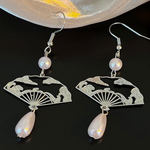 Copper Fan Auspicious Clouds Pearl Healing Earrings Copper Fan Auspicious Clouds Pearl Healing Earrings