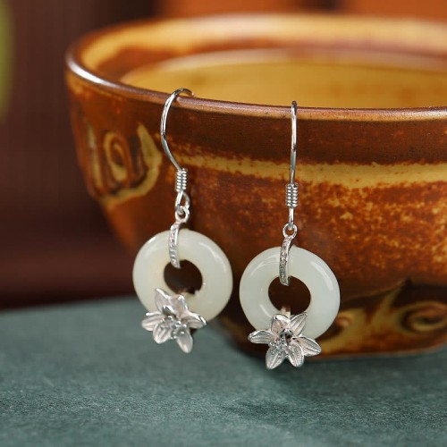 925 Sterling Silver Hetian Jade Peace Orchid Prosperity Earrings