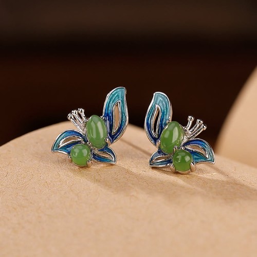 925 Sterling Silver Plated Gold Cyan Jade Butterfly Healing Earrings 925 Sterling Silver Plated Gold Cyan Jade Butterfly Healing Earrings