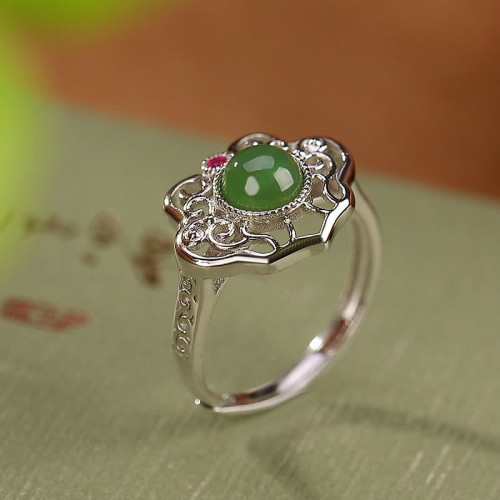 925 Silver Hetian Cyan Jade Hollow Luck Ring Earrings Set 925 Silver Hetian Cyan Jade Hollow Luck Ring Earrings Set