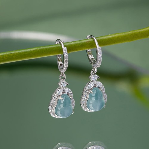 925 Sterling Silver Green Jade Gourd Abundance Earrings