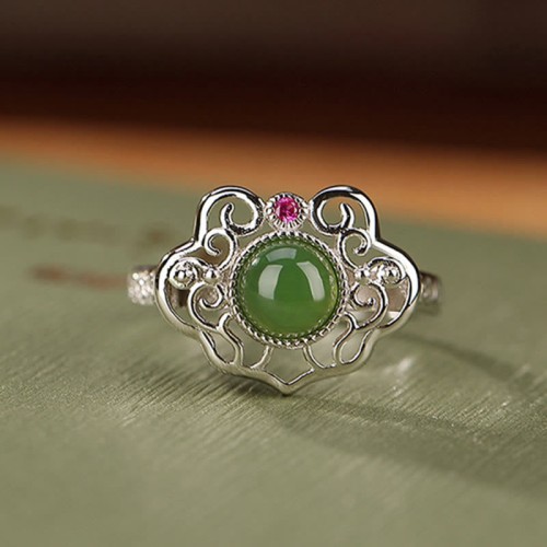 925 Silver Hetian Cyan Jade Hollow Luck Ring Earrings Set 925 Silver Hetian Cyan Jade Hollow Luck Ring Earrings Set