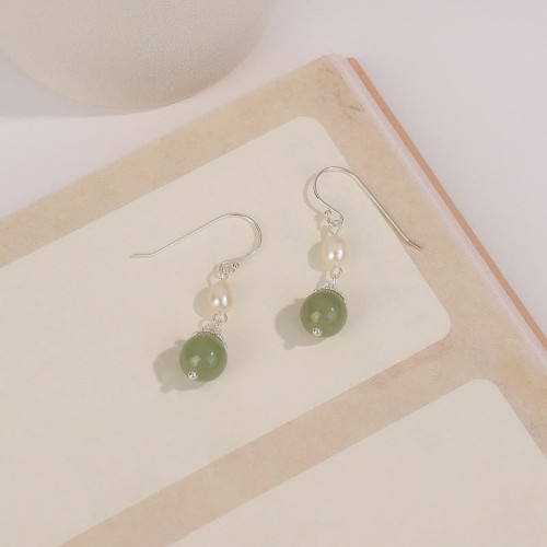 925 Sterling Silver Natural Pearl Jade Wisdom Earrings