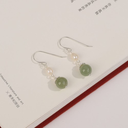 925 Sterling Silver Natural Pearl Jade Wisdom Earrings