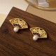 925 Sterling Silver Fan Pattern Pearl Copper Wisdom Stud Earrings 925 Sterling Silver Fan Pattern Pearl Copper Wisdom Stud Earrings