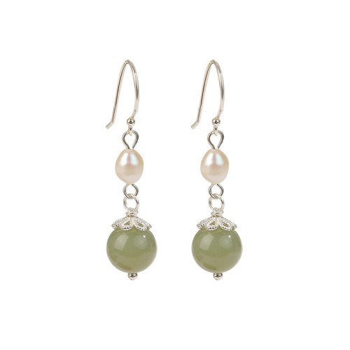 925 Sterling Silver Natural Pearl Jade Wisdom Earrings