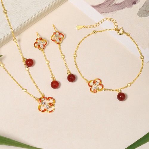 925 Sterling Silver Four Leaf Clover Koi Fish Red Agate Wealth Jewelry Set 925 Sterling Silver Four Leaf Clover Koi Fish Red Agate Wealth Jewelry Set