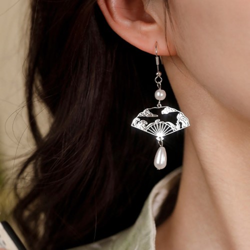 Copper Fan Auspicious Clouds Pearl Healing Earrings Copper Fan Auspicious Clouds Pearl Healing Earrings